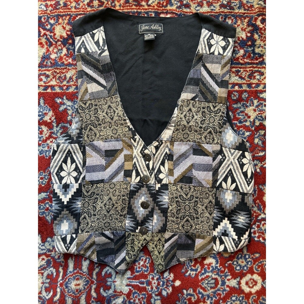 Vintage 90s Jane Ashley Tapestry Vest With Buttons Size Small